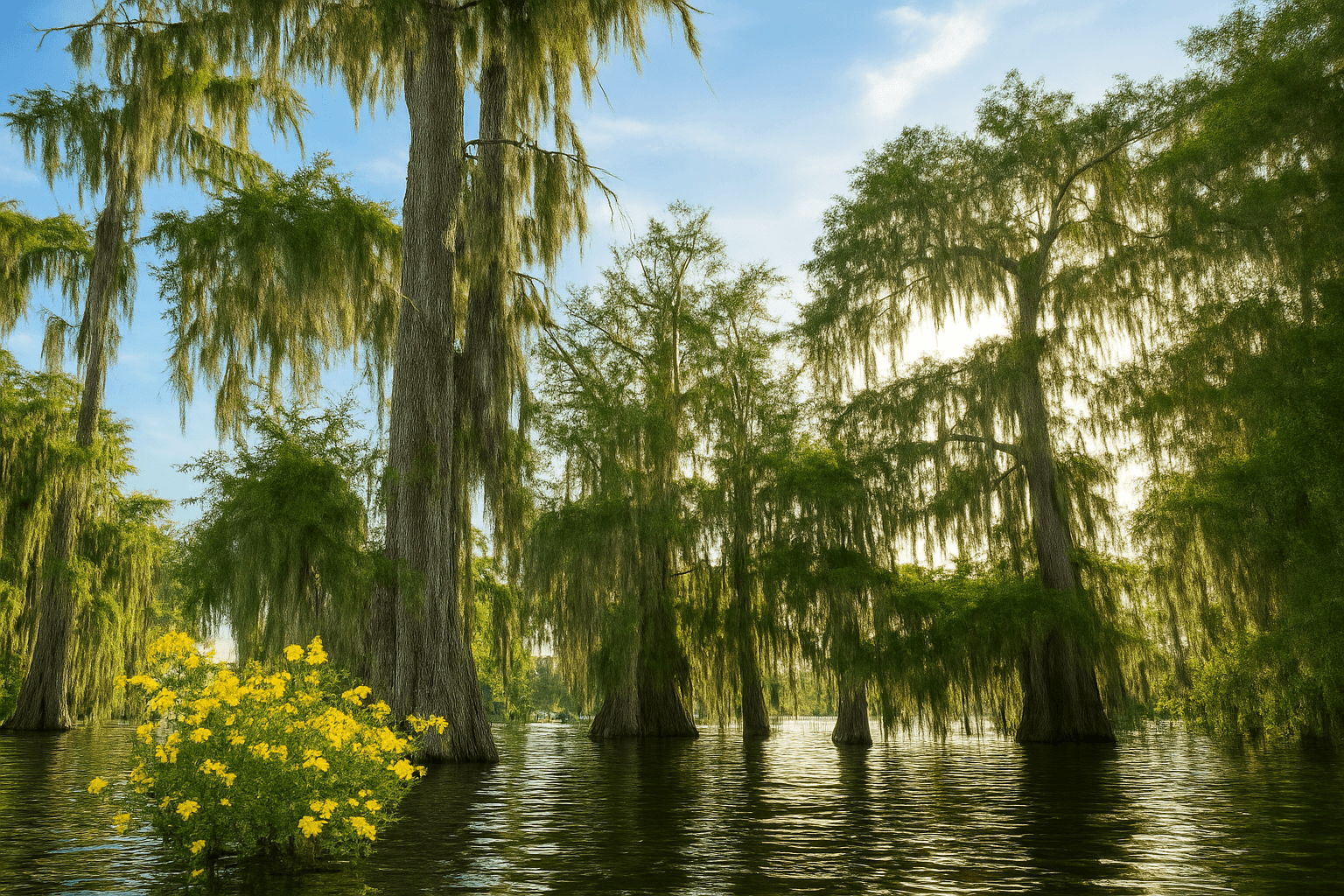 Cypress trees draped in moss rise from a serene swamp, reflecting in the water. Yellow flowers bloom in the foreground under a clear blue sky.